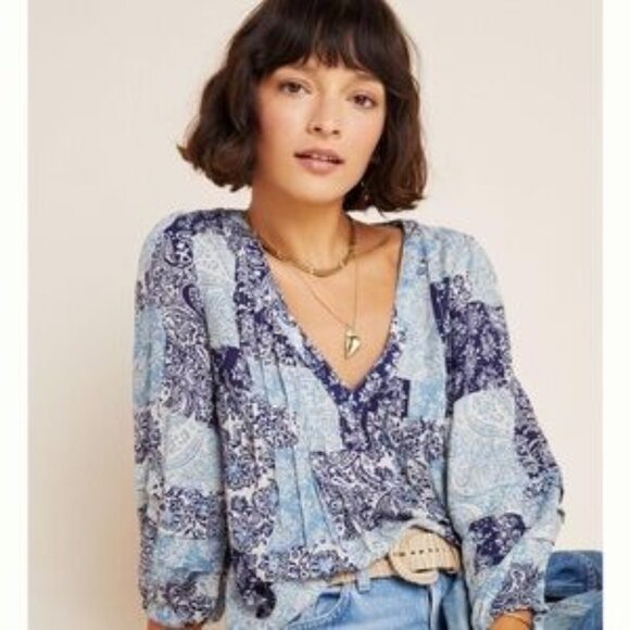Maeve Anthropologie BLUE Paisley Patchwork Cathy Pleated Tunic Top Size XS - Picture 1 of 14